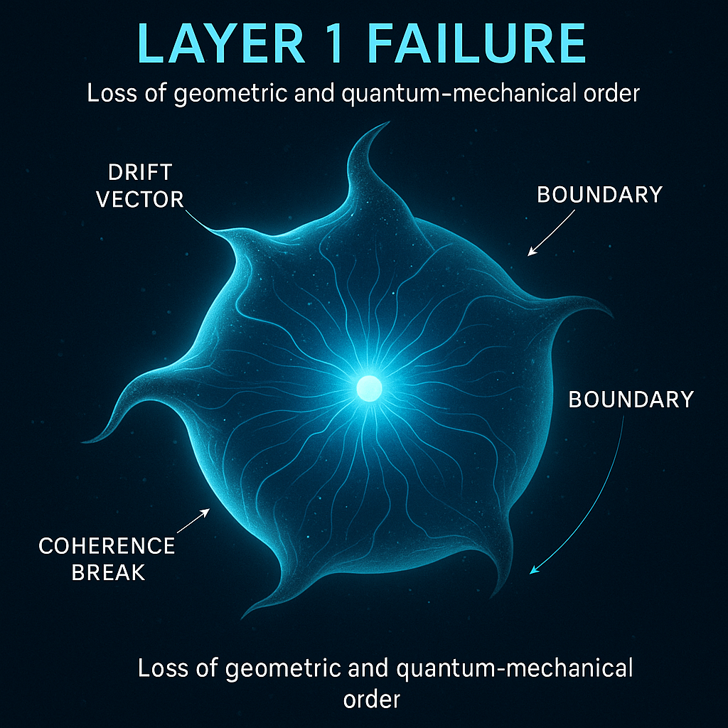 Layer 1 failure visual showing loss of geometric and biophysical order.