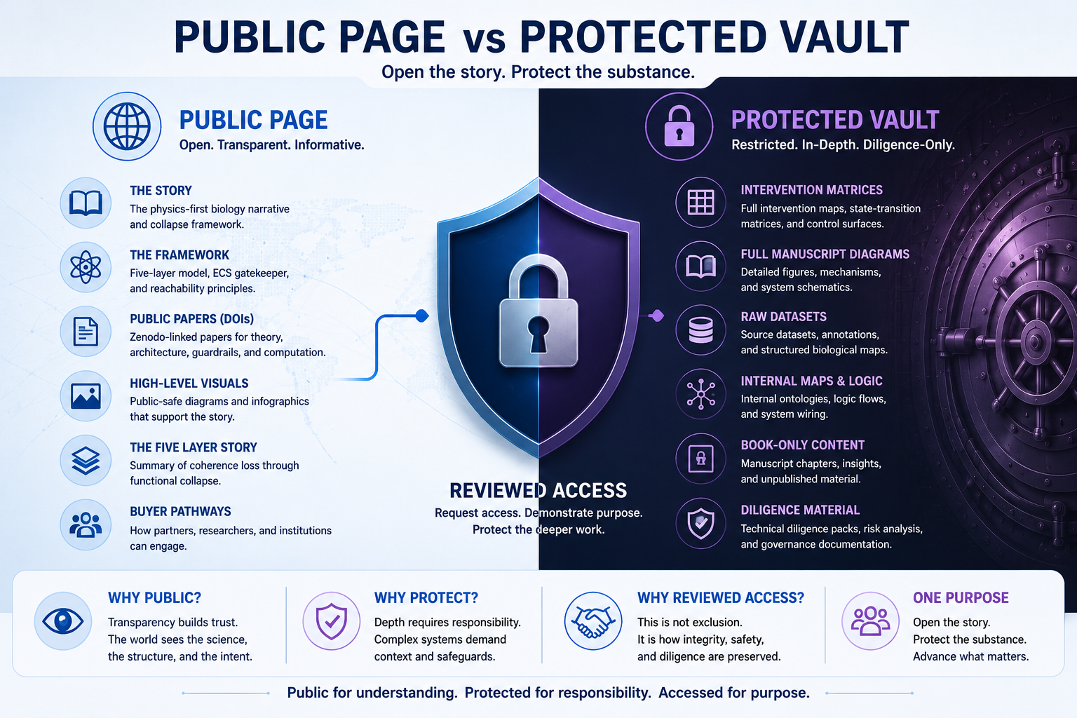 Public page versus protected vault infographic showing what remains public and what stays behind reviewed access.